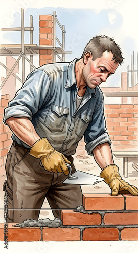 Male bricklayer working on building site with construction tools  