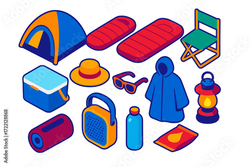 Colorful Camping Essentials. Isometric vector illustration set Festival Camping: pop-up tent, sleeping bag, inflatable mattress,