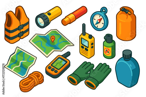 Hunting Gear Essentials. Isometric vector illustration set Hunting Safety Equipment: life jacket, waterproof flashlight, flare,