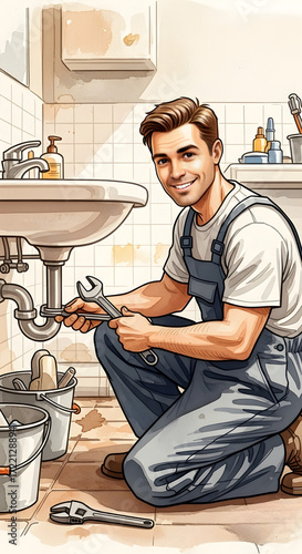 Young man repairing sink while smiling in a home bathroom  