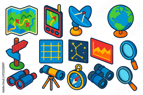 Adventure Mapping Icons. Isometric vector illustration set Adventure Mapping: folded map, digital GPS, satellite dish, globe,
