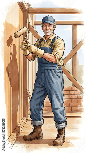 Male painter smiling while painting wall in construction site  