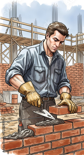 Construction worker laying bricks while wearing gloves on site  