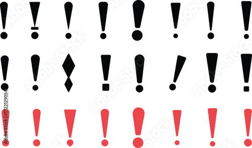 Exclamation mark icons collection, black and red variations, warning alert symbols, danger caution signs, punctuation graphic design, communication vector elements, attention notice illustration