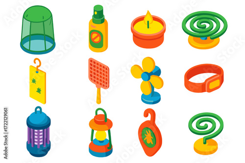 Anti-Bug Hiking Kit. Isometric vector illustration set Hiking Anti-Bug Kit: mosquito head net, repellent spray, citronella candle,