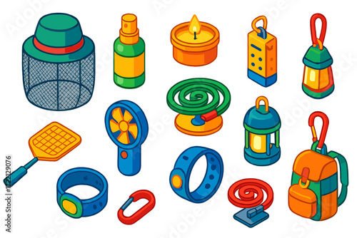 Anti-Bug Hiking Kit. Isometric vector illustration set Hiking Anti-Bug Kit: mosquito head net, repellent spray, citronella candle,