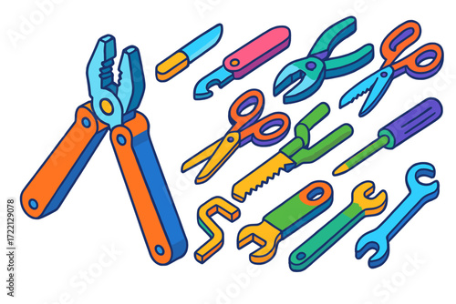 Colorful Multi-Tool Icons. Isometric vector illustration set DIY Multi-Tool Set: pliers, screwdriver, folding blade, wire cutter,