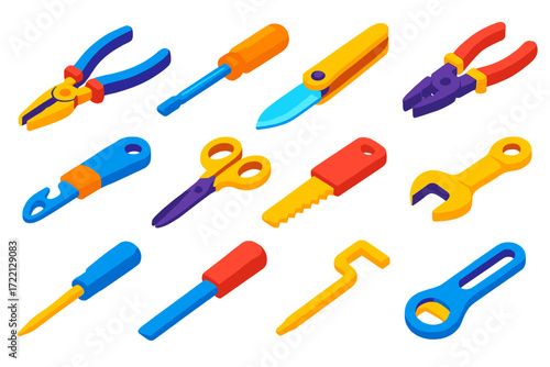 Colorful Multi-Tool Icons. Isometric vector illustration set DIY Multi-Tool Set: pliers, screwdriver, folding blade, wire cutter,