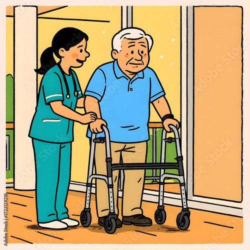 Senior man using walker assisted by caregiver indoors in bright room  
