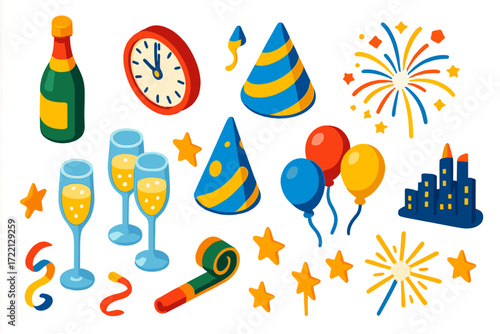 Festive New Year's Icons. Isometric vector illustration set Holiday Party New Year: champagne, countdown clock, party hat,