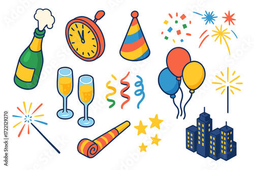 Festive New Year's Icons. Isometric vector illustration set Holiday Party New Year: champagne, countdown clock, party hat,