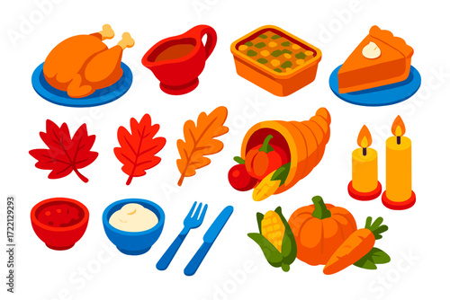 Harvest Dinner Icons. Isometric vector illustration set Harvest Dinner Icons: turkey, gravy, stuffing, pumpkin pie, autumn leaves,