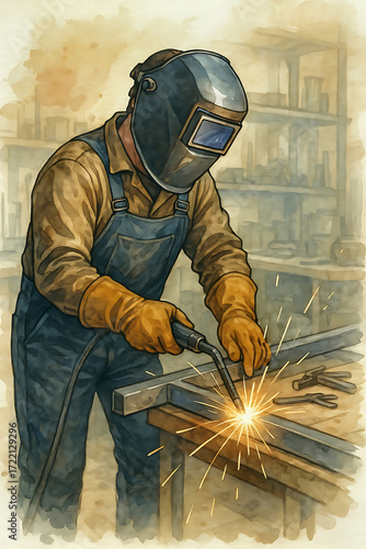 Welder working with welding torch and sparks in workshop  