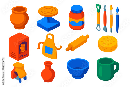 Pottery Studio Icons. Isometric vector illustration set Pottery Studio Icons: clay pot, pottery wheel, glaze jar, sculpting tools,