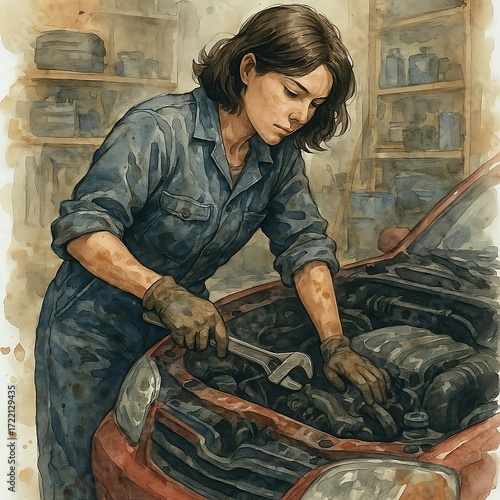 Woman working on car engine in mechanic workshop with tools  
