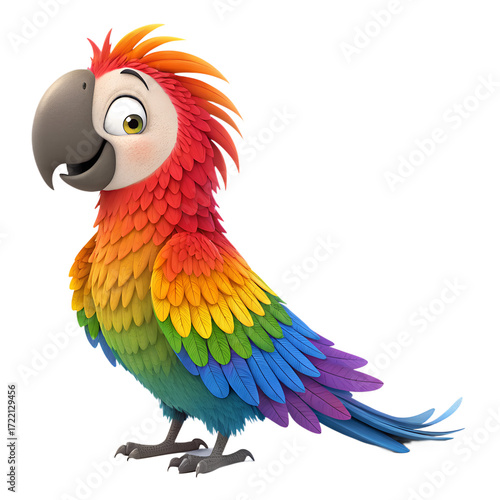 Fluffy 3D Cartoon Parrot with Rainbow Feathers Isolated on Transparent Background
