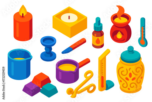 Aromatherapy Candle Icons. Isometric vector illustration set Aromatherapy Candle Icons: candle, wax, wick, scent, candle holder,