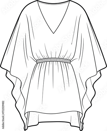 Vector fashion illustration of women’s kaftan dress, flowy tunic with V-neckline, wide sleeves, elastic waist, stylish clothing design template for modern apparel