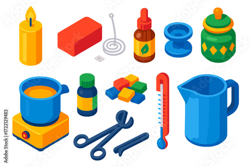 Candle Making Essentials. Isometric vector illustration set Candle Making Tools: candle, wax, wick, scent, candle holder, melting