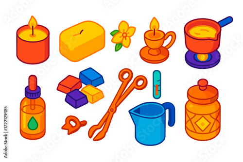 Aromatherapy Candle Icons. Isometric vector illustration set Aromatherapy Candle Icons: candle, wax, wick, scent, candle holder,