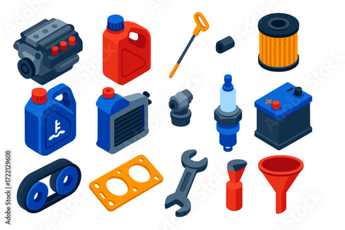 Engine Care Icons. Isometric vector illustration set Vehicle Engine Care Icons: engine, oil, dipstick, filter, coolant, radiator,