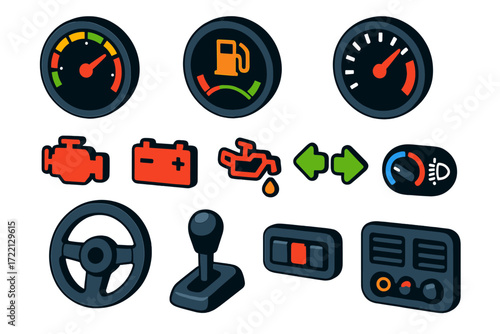 Vehicle Cockpit Controls. Isometric vector illustration set Vehicle cockpit instruments: Analog speedometer, Digital fuel gauge,