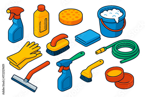 Vehicle Cleaning Tools. Isometric vector illustration set Vehicle cleaning: Spray bottle, Car shampoo, Foam pad, Bucket, Rubber