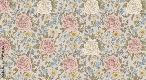 Floral Tapestry: A delicate and intricate pattern of roses and complementary flowers in a vintage and timeless tapestry, creating a harmonious display of floral beauty.