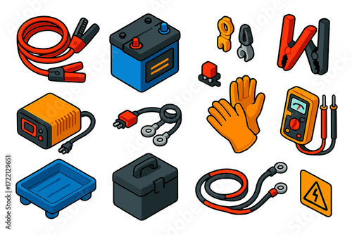 Auto Jumpstart Essentials. Isometric vector illustration set Auto jumpstart set: Jumper wires, Lead battery, Battery terminals,