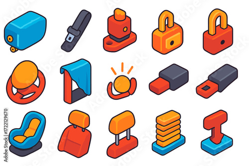 Automotive Safety Icons. Isometric vector illustration set Automotive safety panel: Airbag module, Seatbelt strap, Crash sensor,