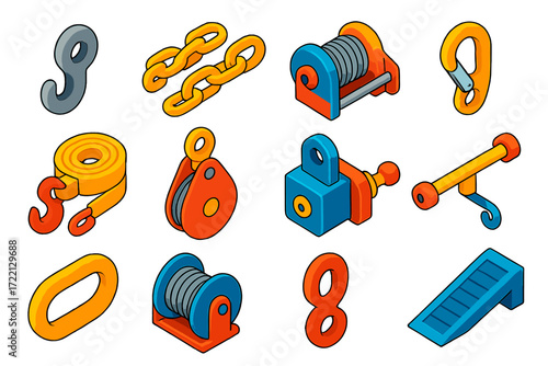 Car Tow Accessories. Isometric vector illustration set Car tow accessories: Tow hook, Heavy-duty chain, Winch drum, Safety clasp,