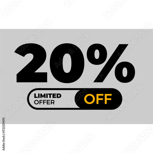 20% off banner for a limited time. Label, limited-time offer seal on a light gray background - Black Friday promotion. 20% off.