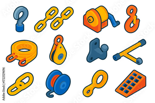 Car Tow Accessories. Isometric vector illustration set Car tow accessories: Tow hook, Heavy-duty chain, Winch drum, Safety clasp,