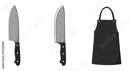 Two kitchen knives and a black apron on a white background