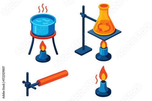 Heat Transfer Experiment. Isometric vector illustration set Laboratory Heat Transfer: burner heating water bath, conical flask on
