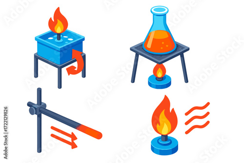 Heat Transfer Experiment. Isometric vector illustration set Laboratory Heat Transfer: burner heating water bath, conical flask on