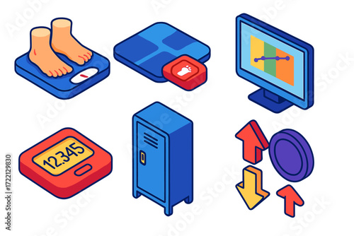 Fitness Icon Set. Isometric vector illustration set Fitness and Body Weight: bathroom scale with feet, smart scale with app icon,