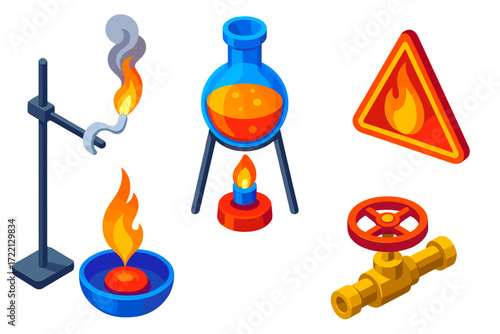Combustion Reaction Icons. Isometric vector illustration set Combustion Reaction Setup: magnesium ribbon burning, flask above open