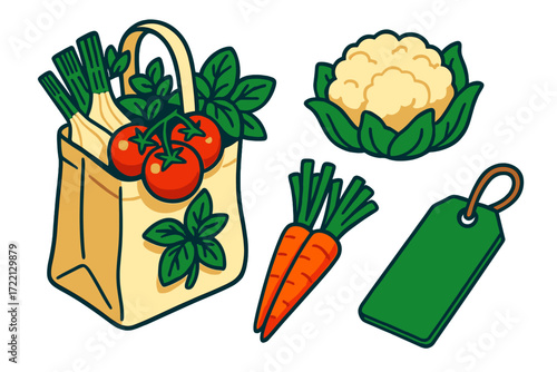 Organic Grocery Basket. Isometric vector illustration set Organic Grocery Basket: cotton shopping bag with fennel, tomatoes on the