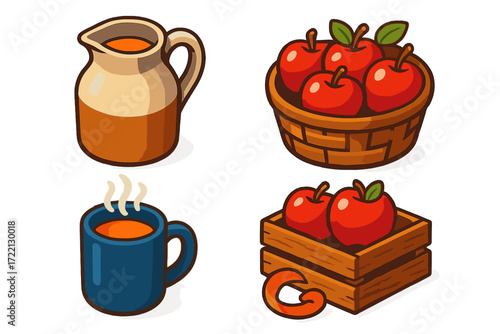 Farmhouse Cider Scene. Isometric vector illustration set Farmhouse Apple Cider: ceramic jug with handle, sweet cider inside,