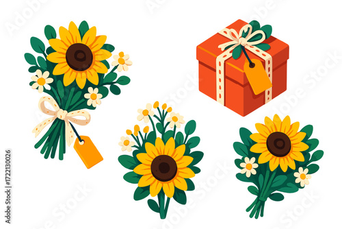 Floral Gift Icons. Isometric vector illustration set Handpicked Floral Gift: sunflowers with golden centers, daisies with tiny