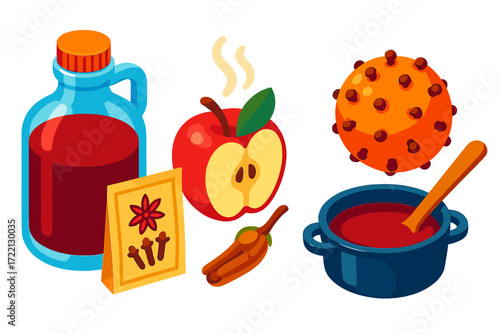 Spiced Apple Drink Kit. Isometric vector illustration set Spiced Apple Drink Kit: sweet cider jug, sachet of spices, clove-studded