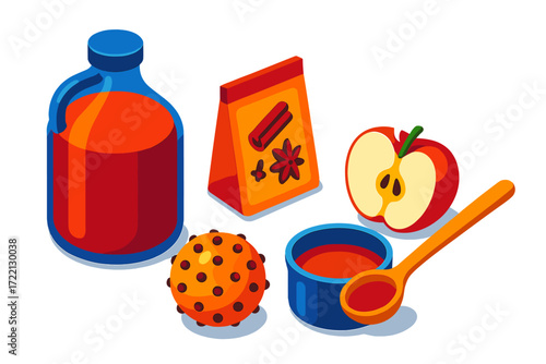 Spiced Apple Drink Kit. Isometric vector illustration set Spiced Apple Drink Kit: sweet cider jug, sachet of spices, clove-studded