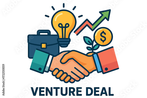 Venture deal with handshake, money, lightbulb, and growth symbols 