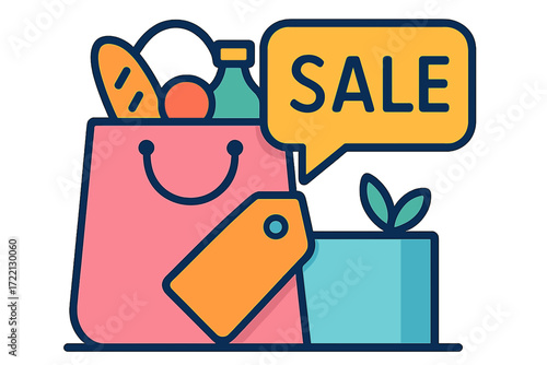 Shopping bag with groceries and sale tag in colorful illustration Super value