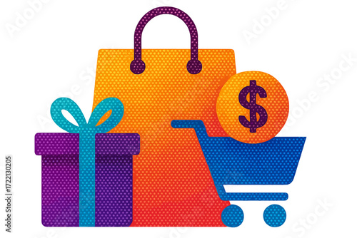 Shopping bag, gift box, and shopping cart with dollar symbol dot matrix