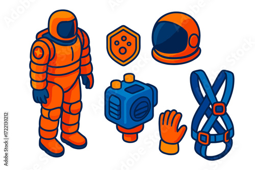 Deep Space Gear. Isometric vector illustration set Deep Space Survival Gear: thick suit for high radiation, dark reflective helmet
