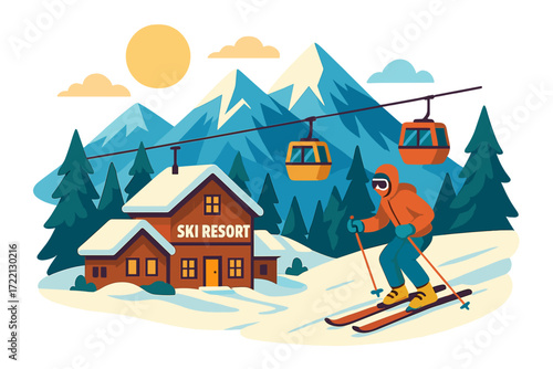 Skier descending slope near ski resort cabin in snowy mountains Ski resort