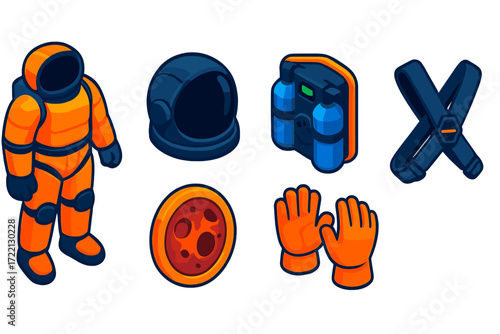 Deep Space Gear. Isometric vector illustration set Deep Space Survival Gear: thick suit for high radiation, dark reflective helmet