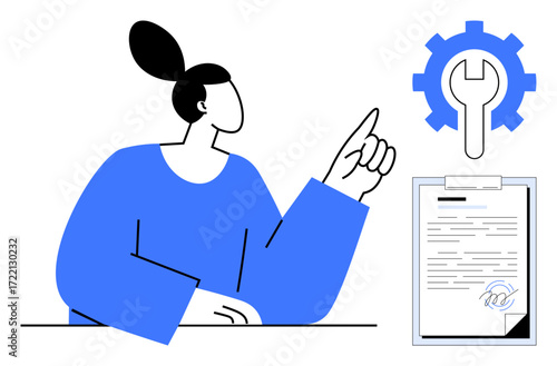 Person pointing at blue gear and wrench icon, representing settings and maintenance, with a signed document on clipboard. Ideal for management, strategy, tools, operations, workflow, guidance simple